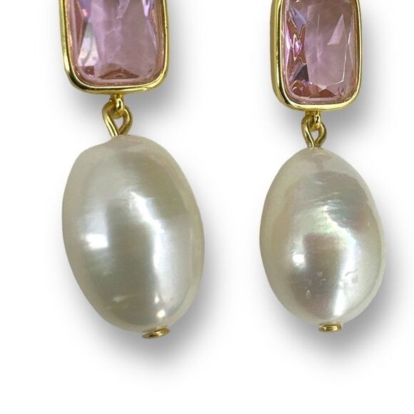 J. Crew Pink Crystal and Pearl Drop Earrings Gold Plated - Picture 5 of 8